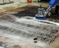 Professional rug cleaning with a rotary floor machine and shampoo foam, deep-cleaning an area rug, in Kansas City, KS.